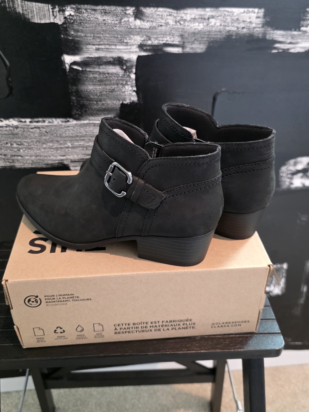 Clarks Black Nubuck Ankle Booties with Side Buckle